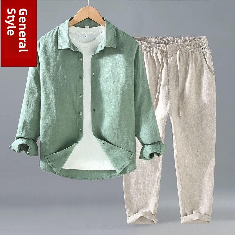 Mens Linen Shirt Long Sleeve - Summer Cotton Linen Shirt Pants Set