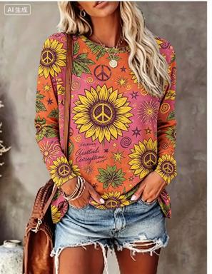 T-Shirts - Women Long Sleeve T‑Shirt Hippie Daisy