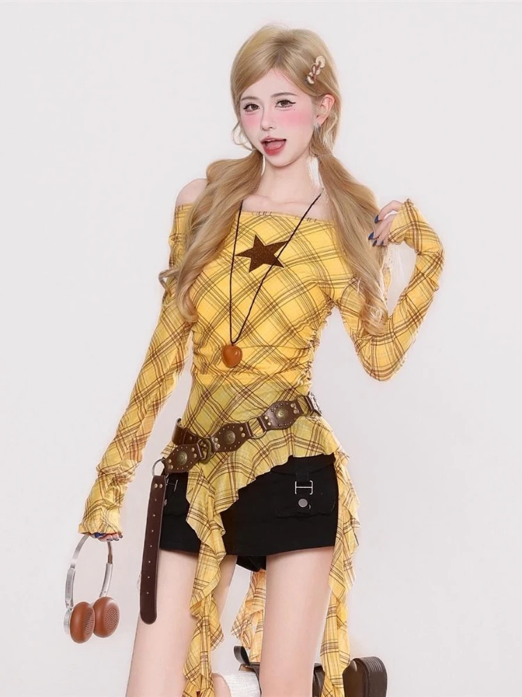 Y2K Plaid Slash Neck Vintage T - Shirts review and price