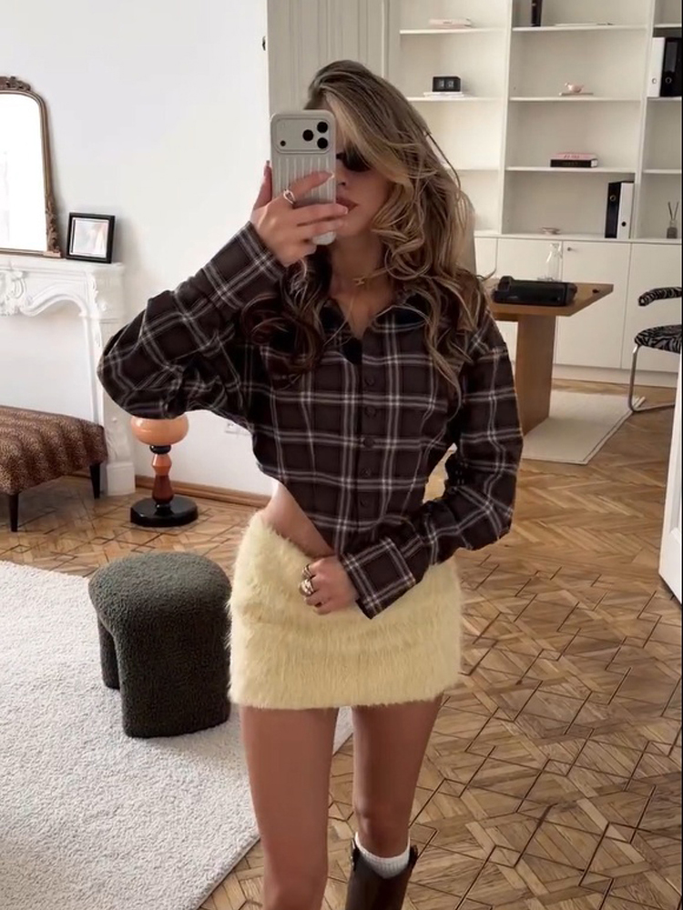 Women Chic Brown Plaid Check S - Mens Linen Shirt Long Sleeve review and price