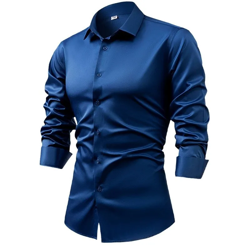 2025 Spring Autumn Royal Blue  - Mens Satin Silk Dress Shirt review and price